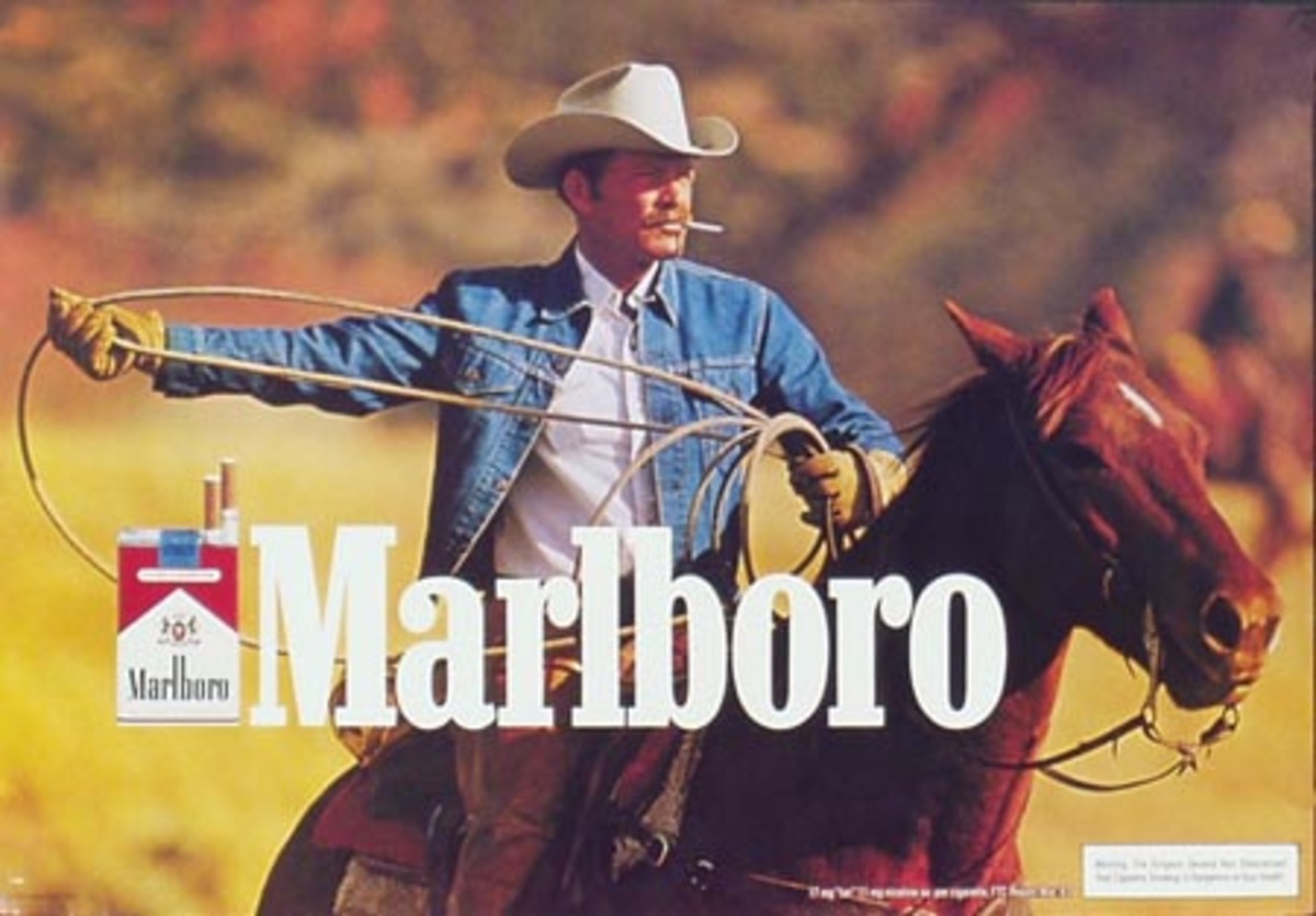 Marlboro Cigarette Cowboy On Horseback Original Vintage Advertising Poster horiz