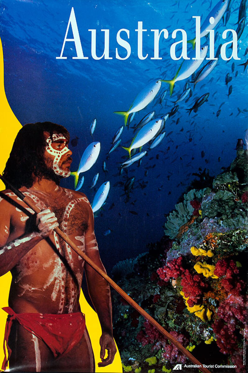 Australia Original Travel Poster Reef Fish and Aborigine