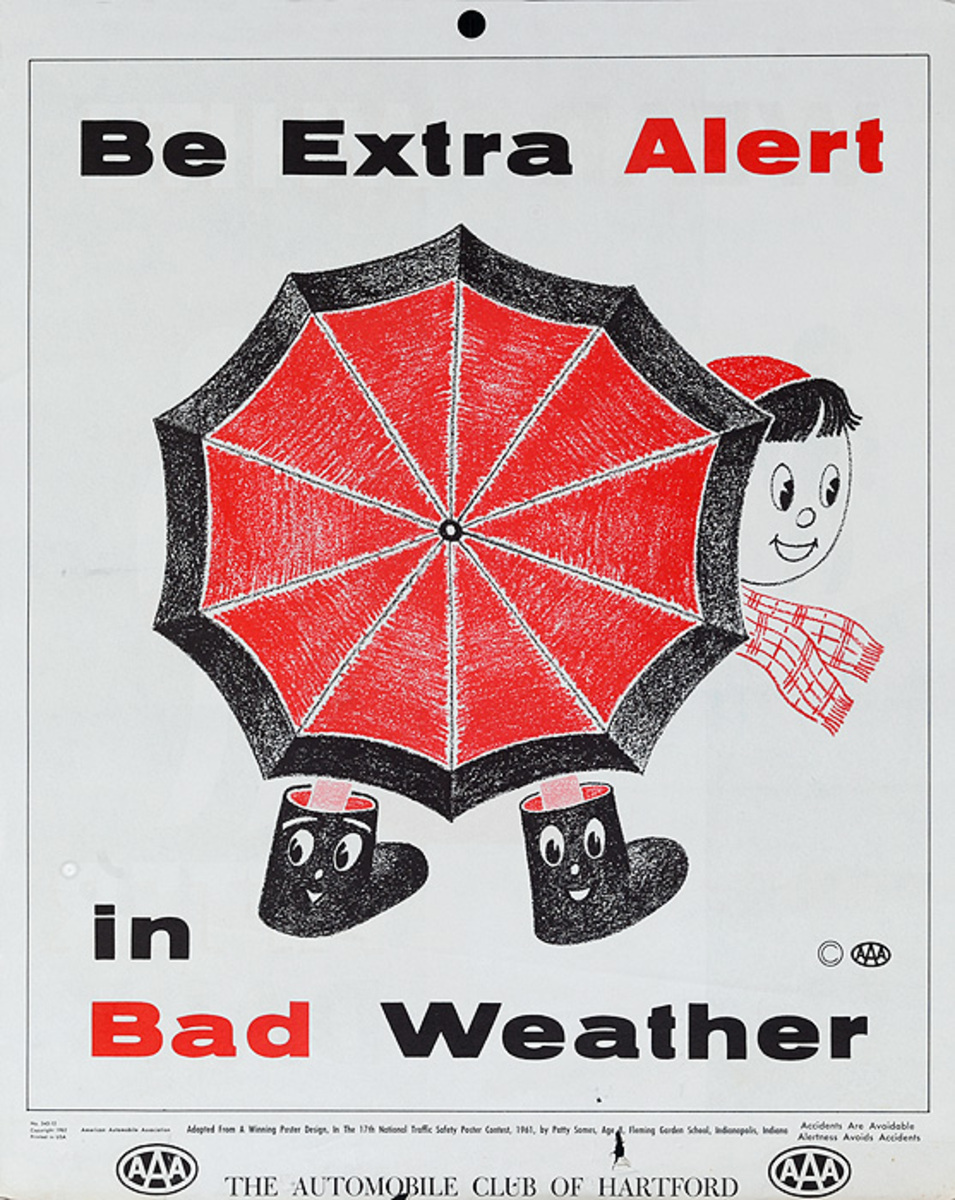 Be Extra Alert in Bad Weather, Original AAA Auto Safety Poster, The Automobile Club of Hartford