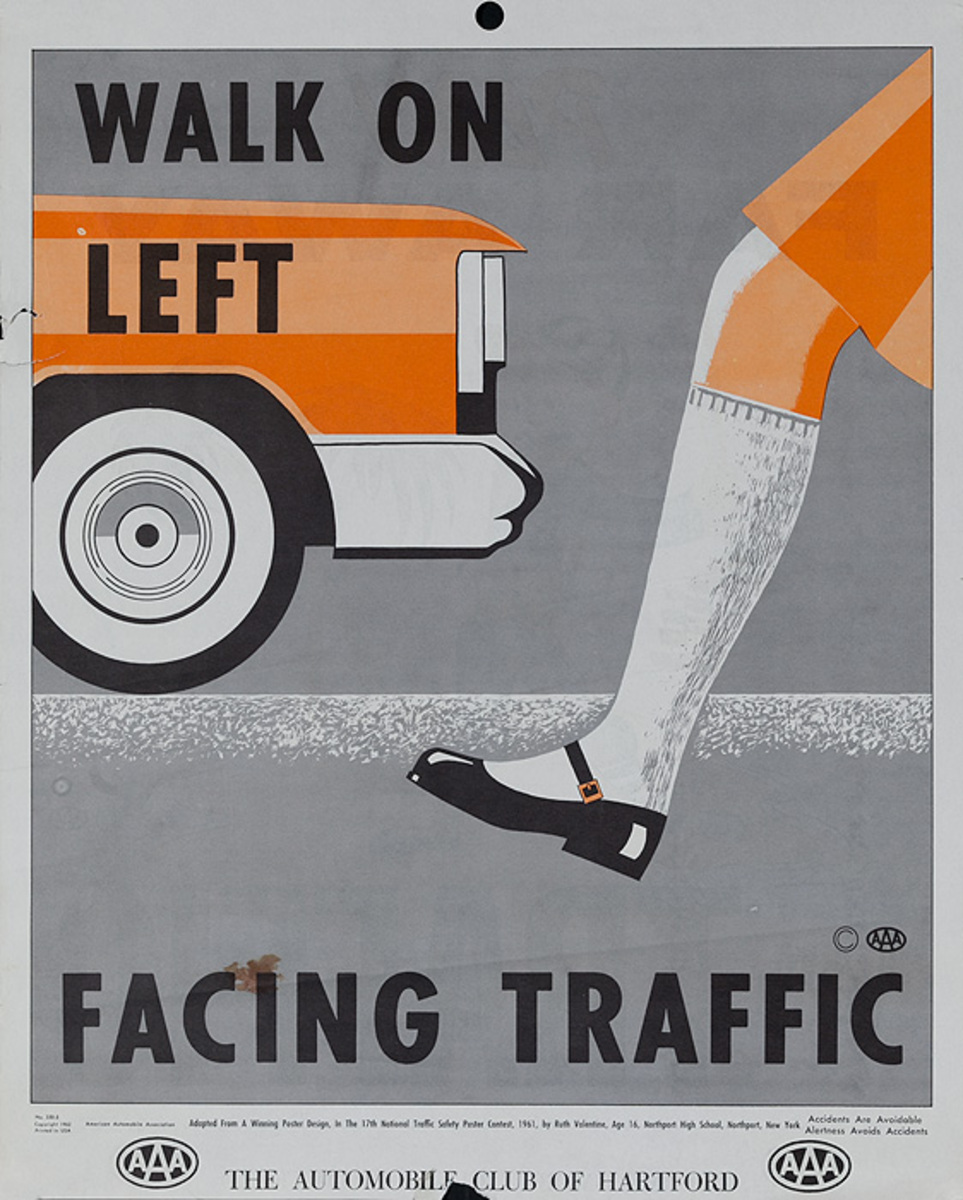 Walk on Left Facing Traffic, Original AAA Auto Safety Poster, The Automobile Club of Hartford