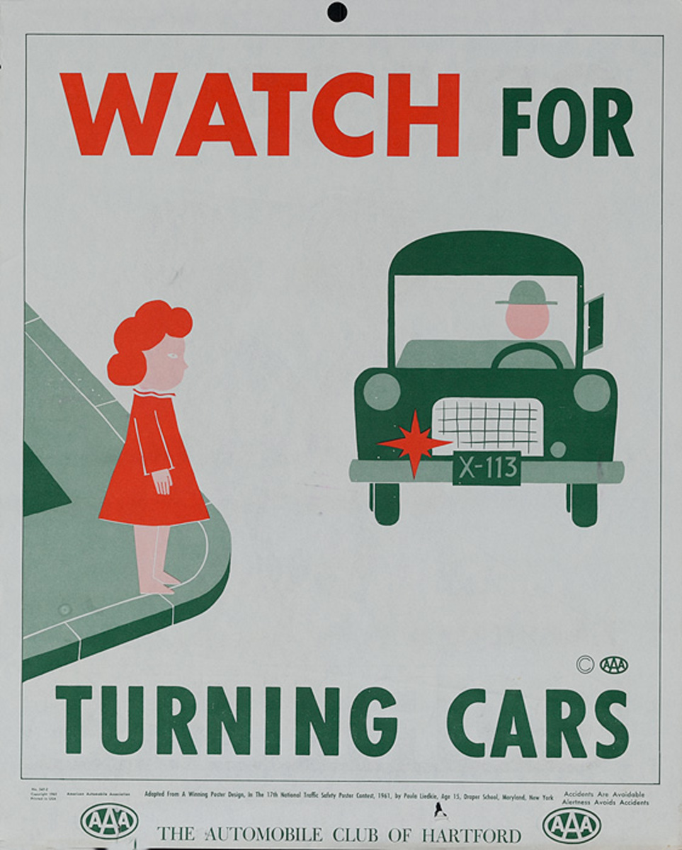 Watch for Turning Cars, Original AAA Auto Safety Poster, The Automobile Club of Hartford