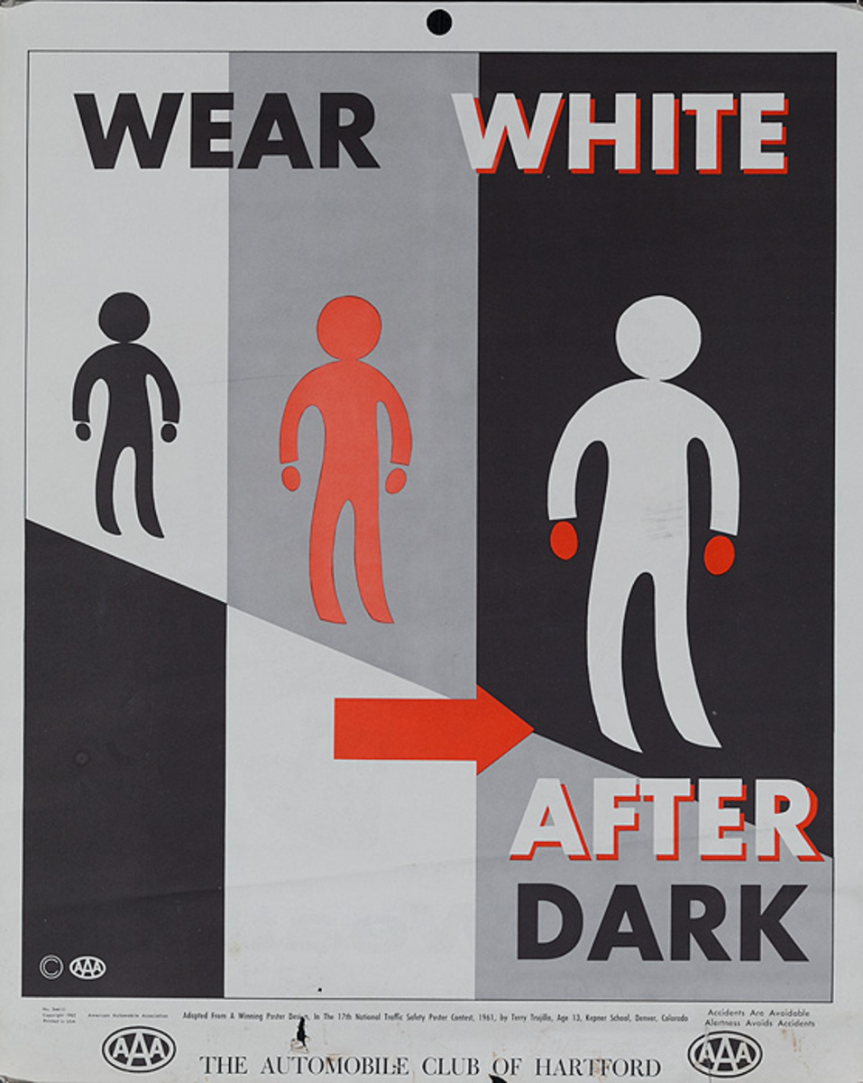 Wear White After Dark, Original AAA Auto Safety Poster, The Automobile Club of Hartford