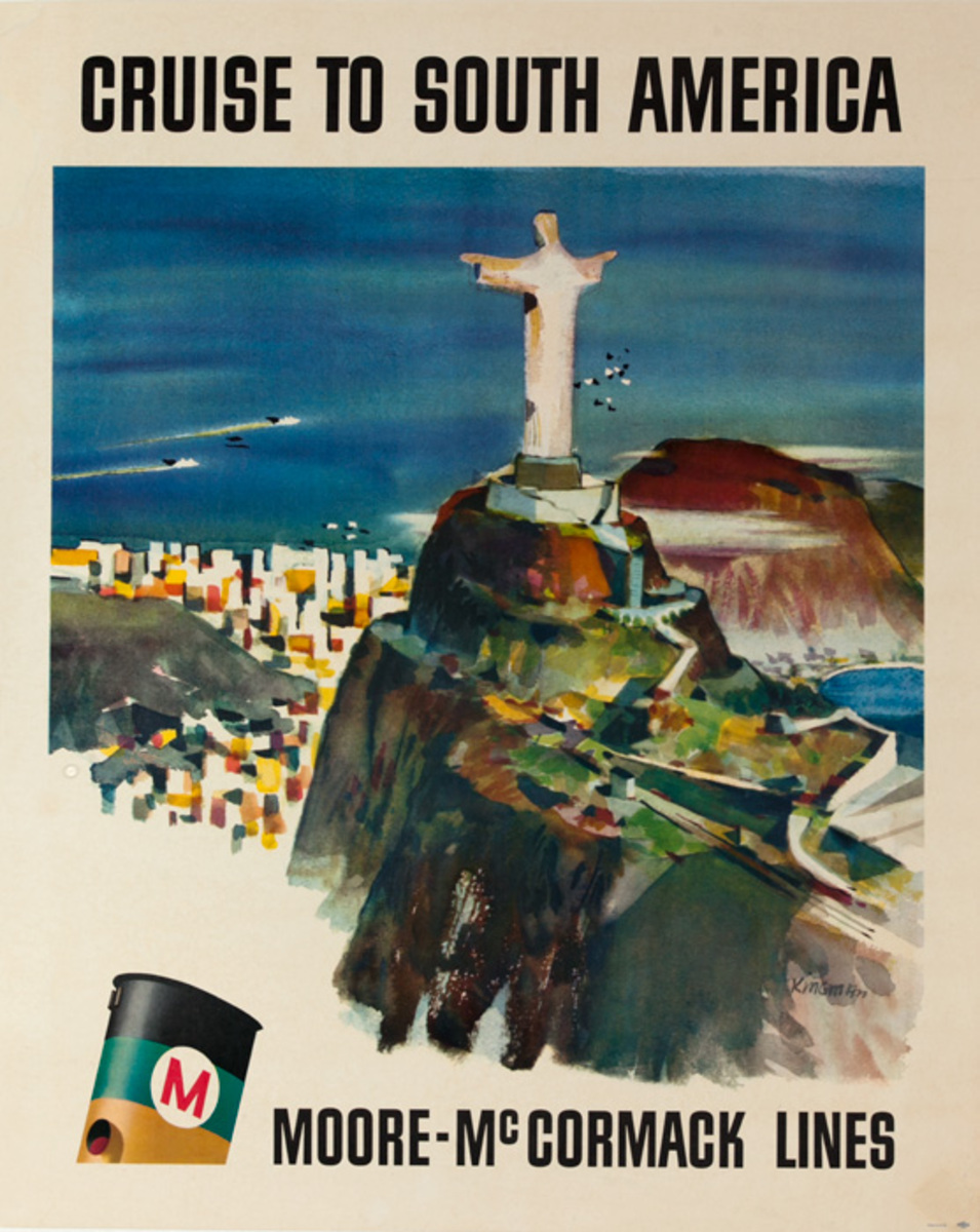 Cruise to South America Moore - McCormack Lines Original Travel Poster Rio de Janeiro Statue