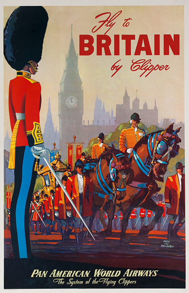 Fly to Britain by Clipper Original Pan American World Airways Travel Poster