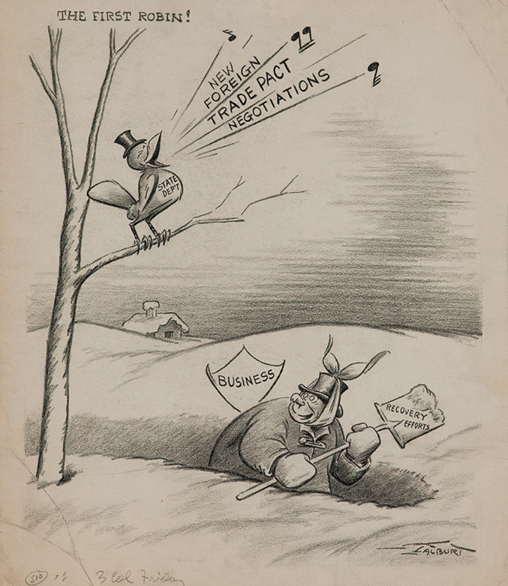 Original Depression Era Political Cartoon Artwork The First Robin