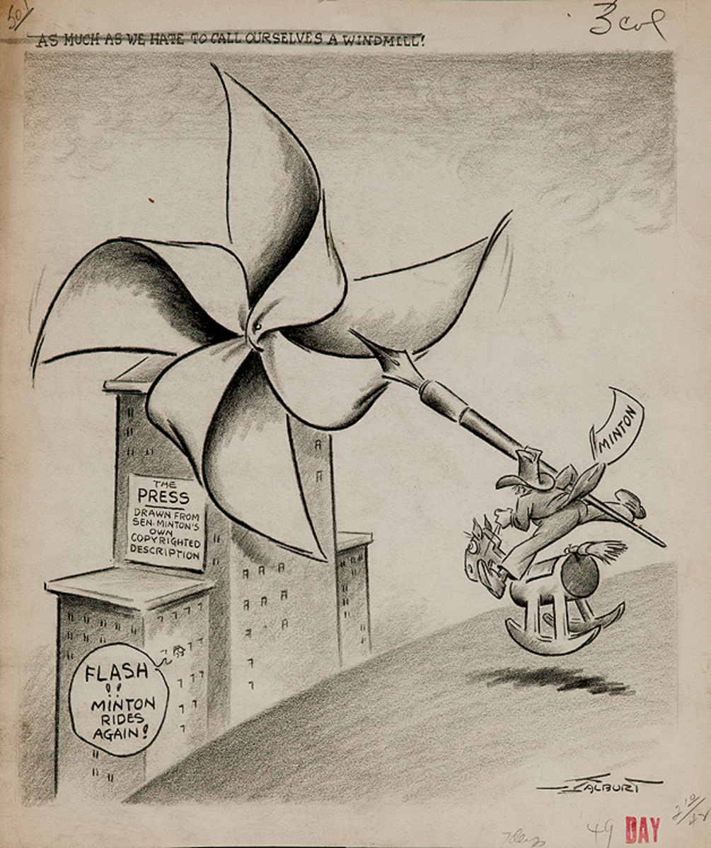 Original Depression Era Political Cartoon Artwork As Much as We Hate To Call Ourselves a Windmill