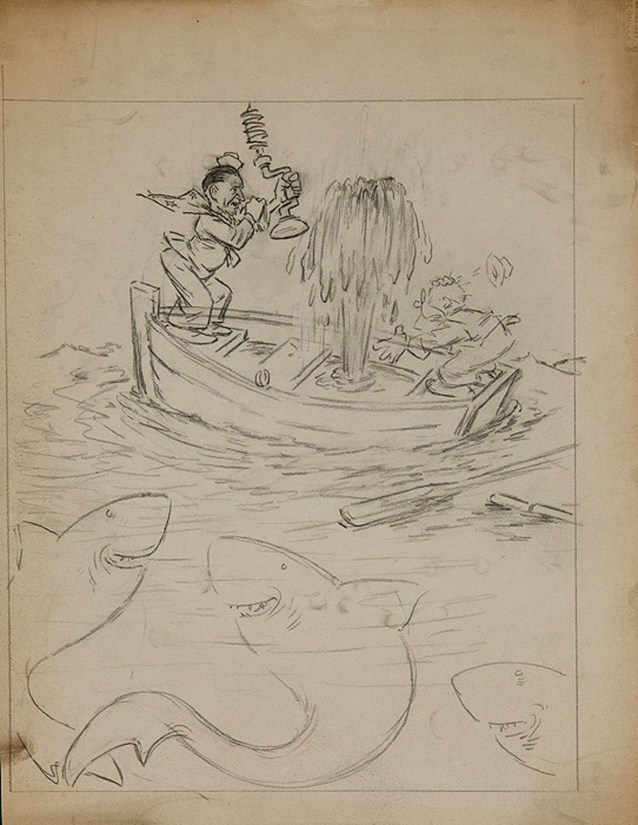 Original Depression Era Political Cartoon Artwork Unfinished Artwork, Sinking Ship