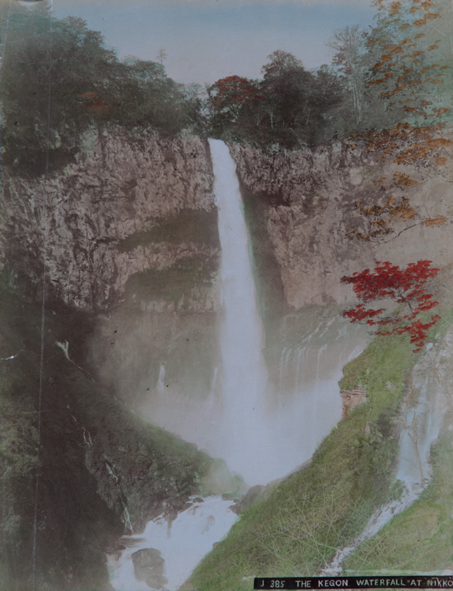 Meiji Era Hand Colored Japanese Albumen Photograph J 385 The Kegon Waterfall at Nikko