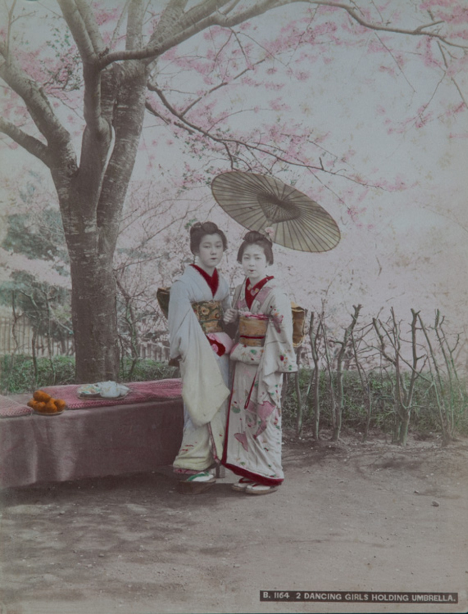 Meiji Era Hand Colored Japanese Albumen Photograph B 1164  @ Dancing Girls Holding Umbrellas