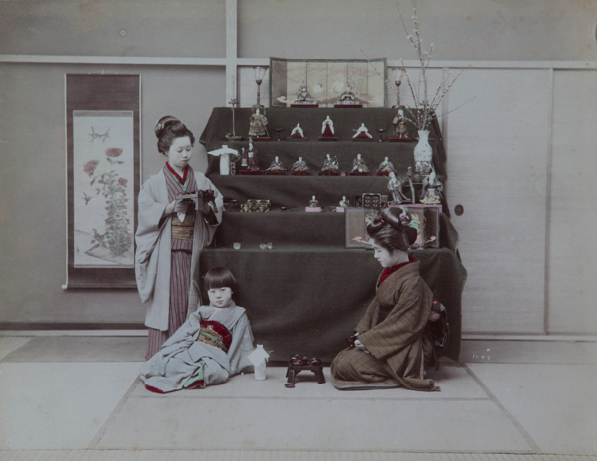 Meiji Era Hand Colored Japanese Albumen Photograph Girls With Ceramic Dolls