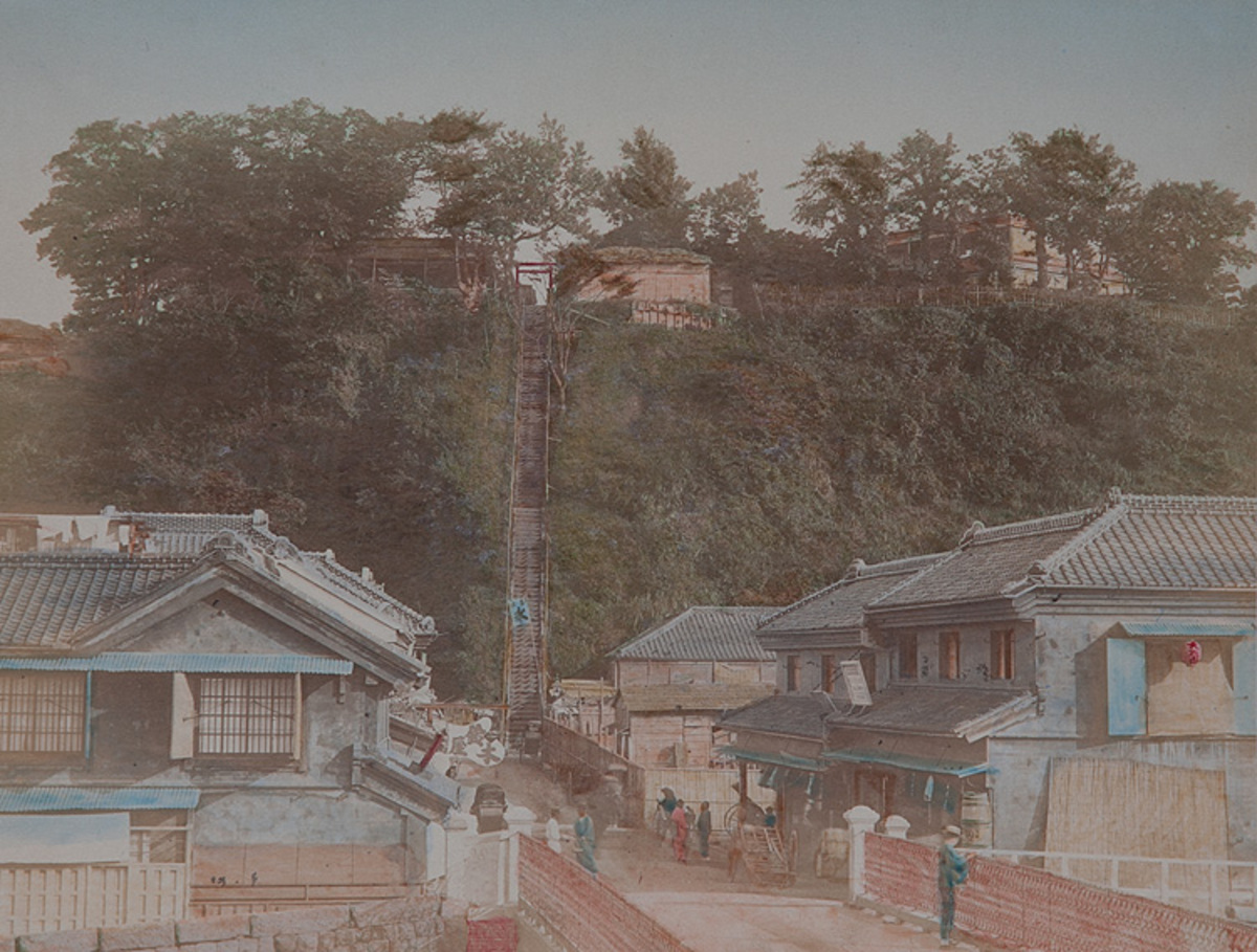 Meiji Era Hand Colored Japanese Albumen Photograph The One Hundred Steps at Yokohama