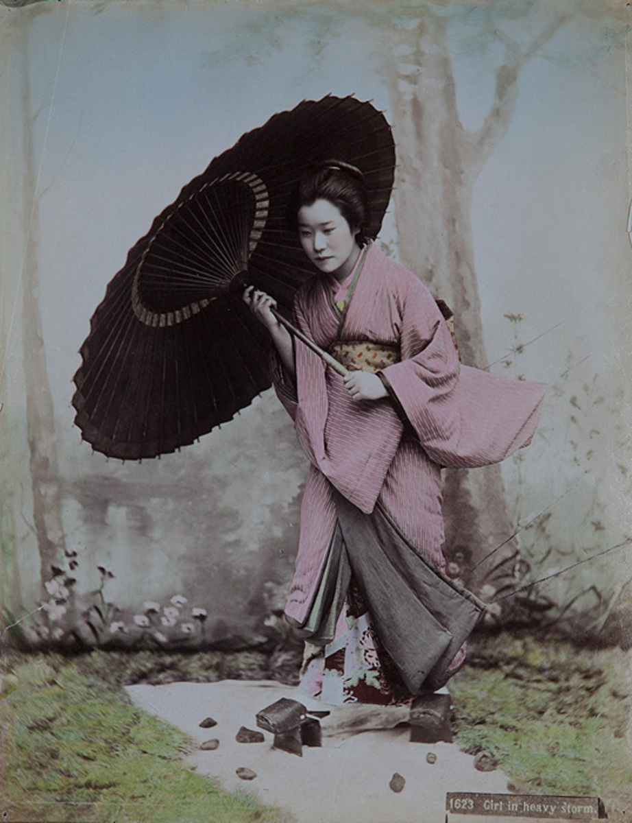 Meiji Era Hand Colored Japanese Albumen Photograph 1623 Girl in heavy storm