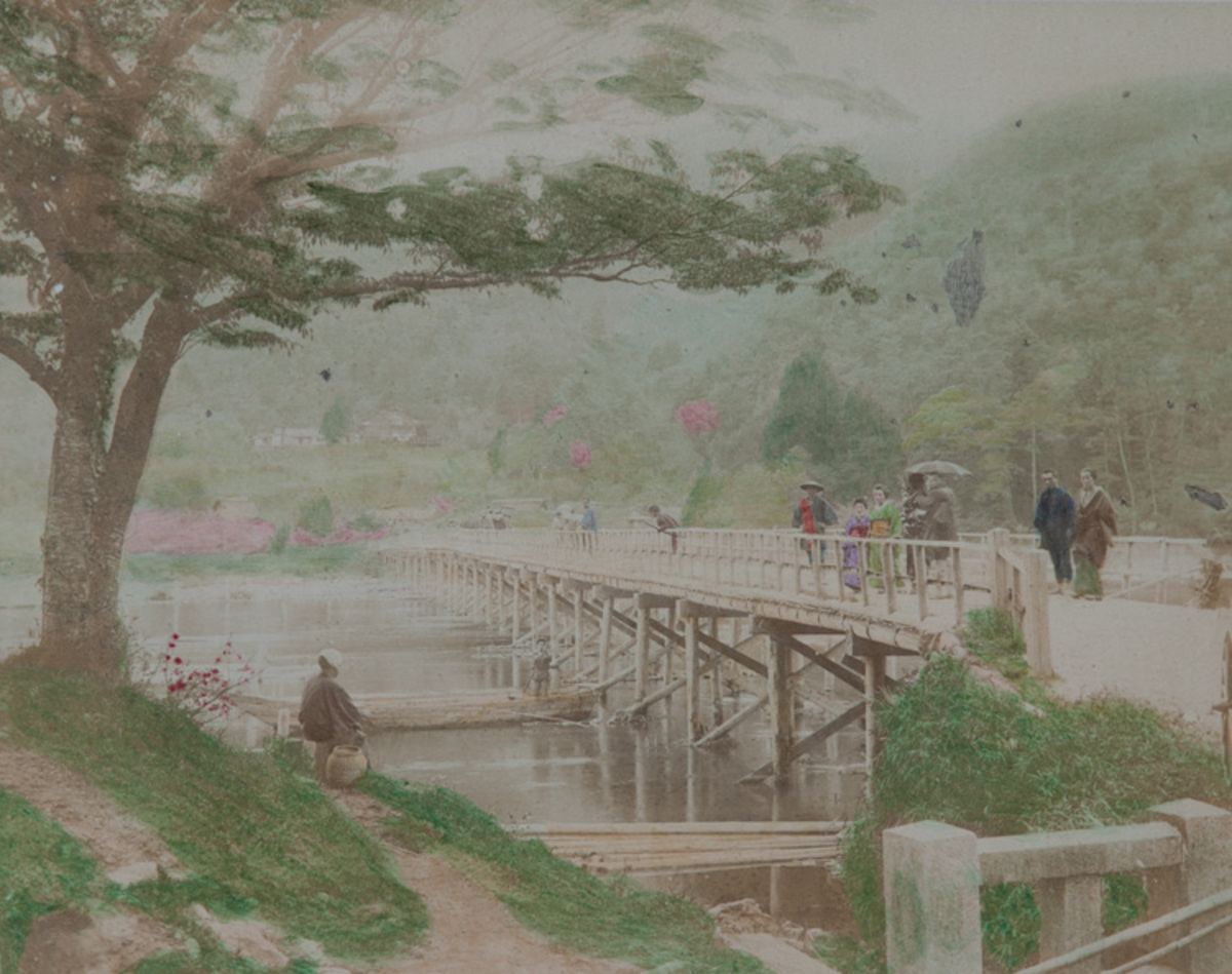Meiji Era Hand Colored Japanese Albumen Photograph Bridge at Arashiyama Near Kyoto