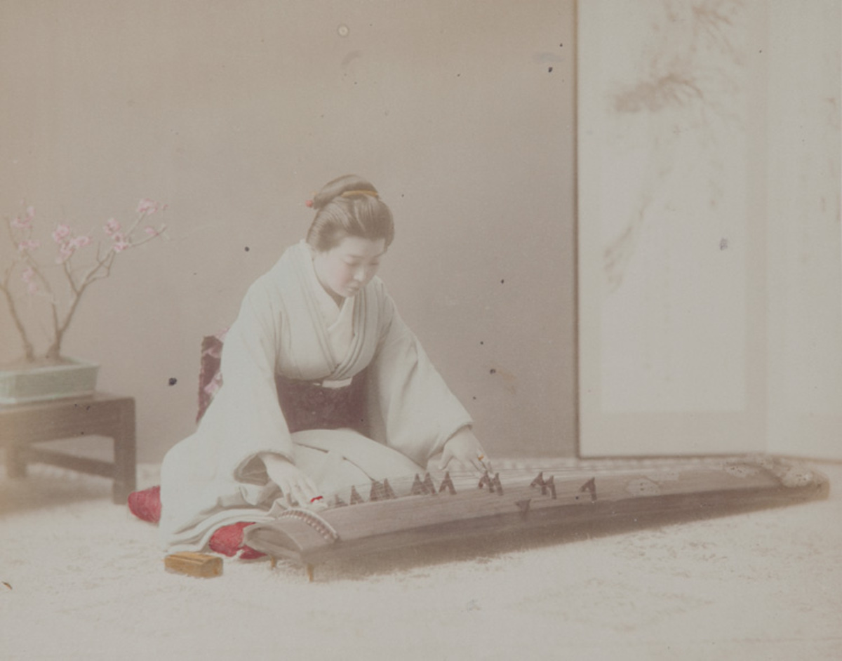 Meiji Era Hand Colored Japanese Albumen Photograph A Koto Player