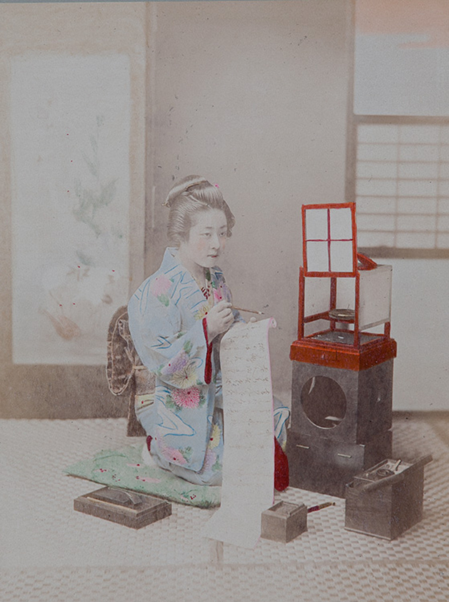 Meiji Era Hand Colored Japanese Albumen Photograph Writing a Letter