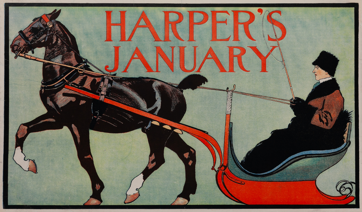 Harper's January Man in Sleigh American Literary Poster