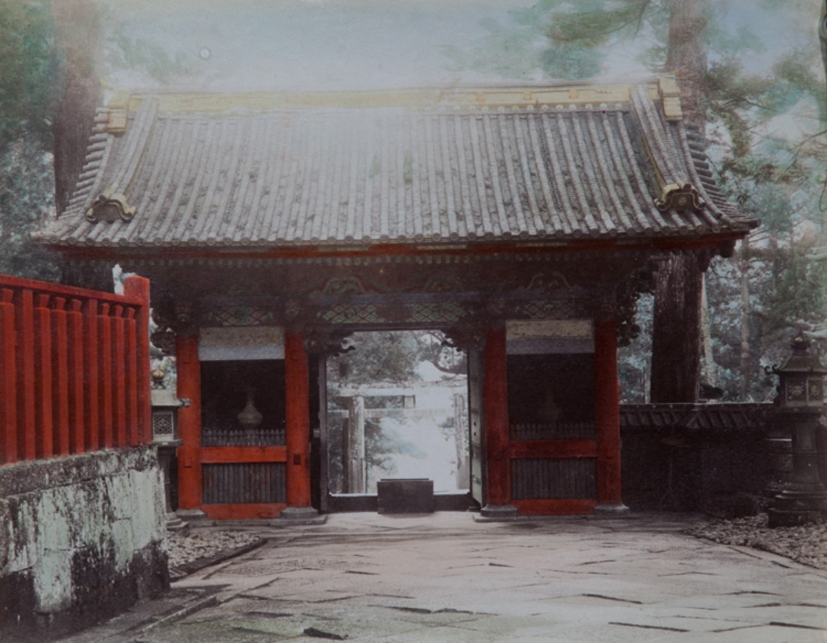 Meiji Era Hand Colored Japanese Albumen Photograph Temple Entrance