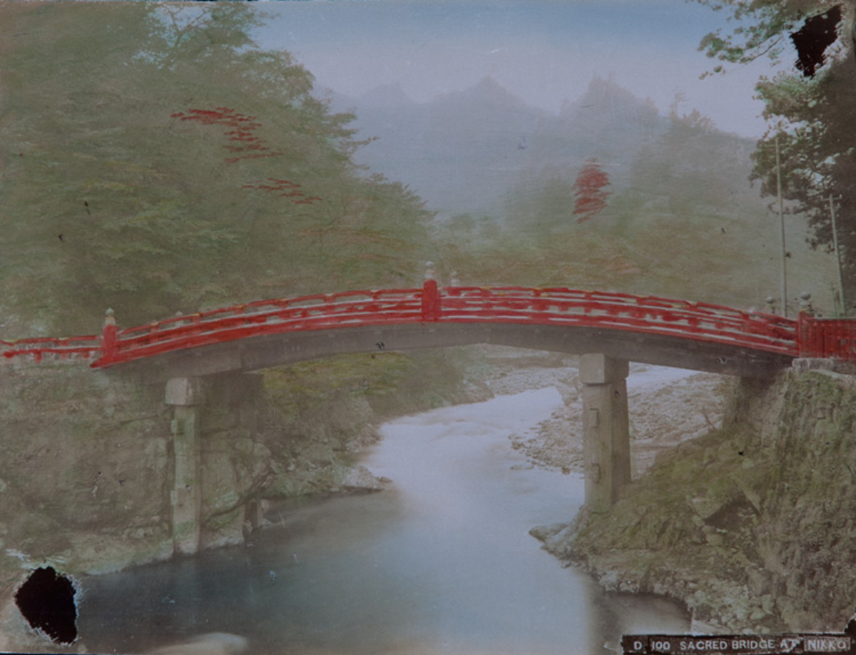 Meiji Era Hand Colored Japanese Albumen Photograph d100 Sacred Bridge at Nikko