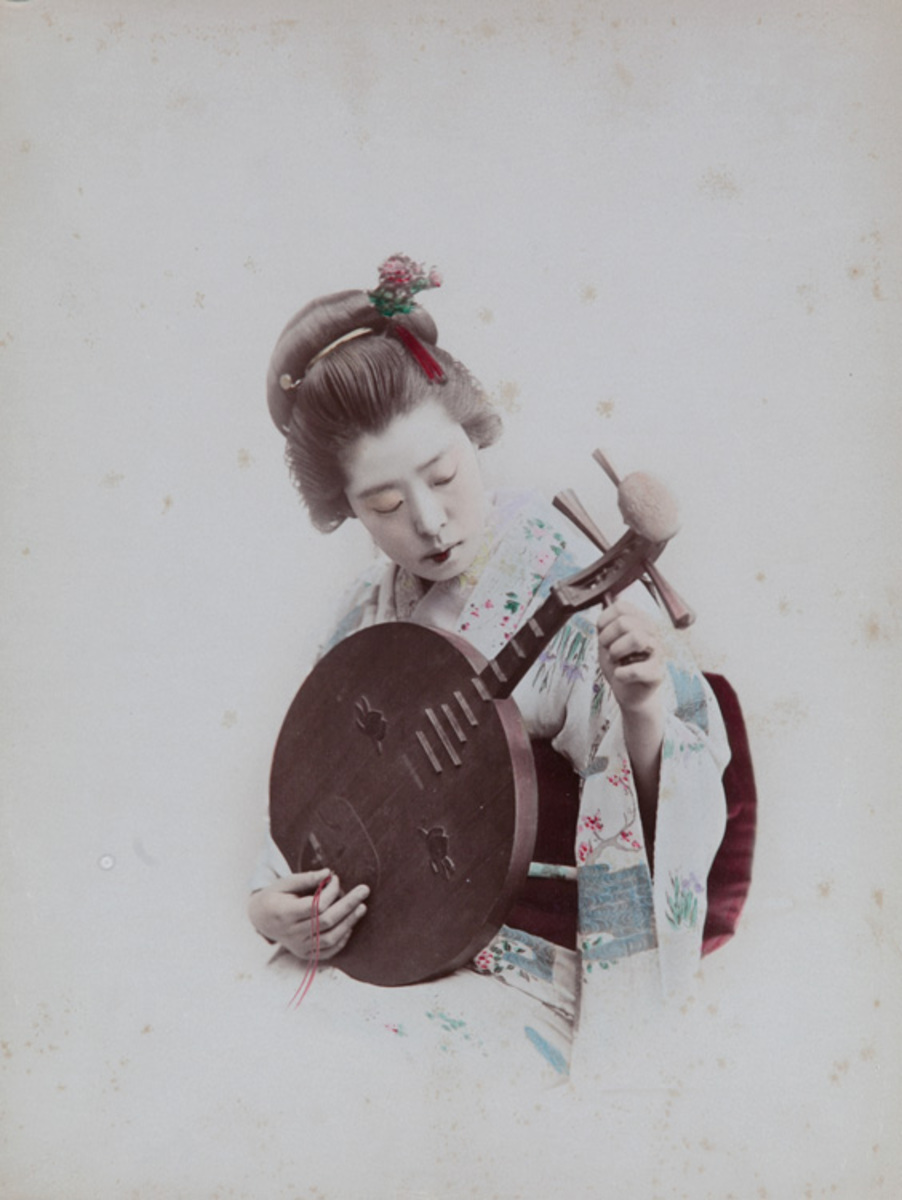 Meiji Era Hand Colored Japanese Albumen Photograph Woman Playing a Biwa