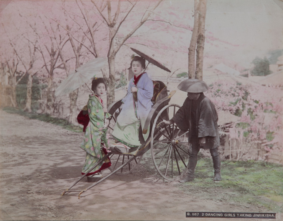 Meiji Era Hand Colored Japanese Albumen Photograph B1167   2 Dancing Girls Taking Jinrikisha