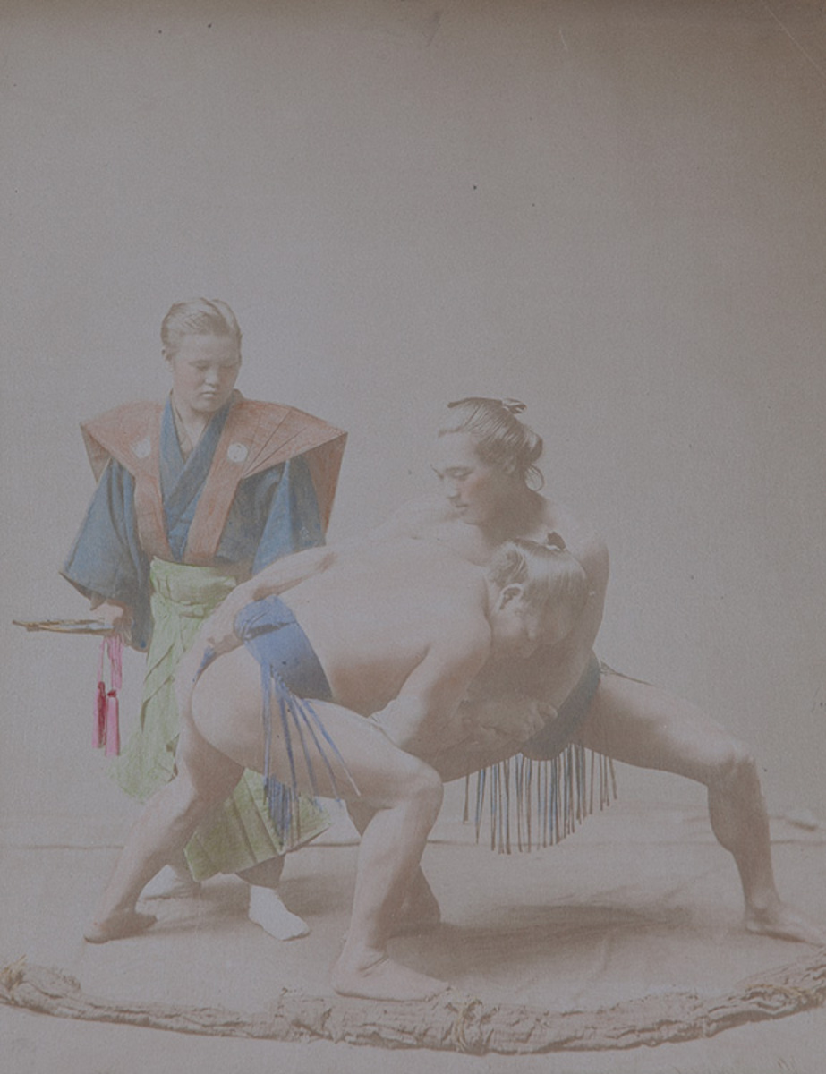 Meiji Era Hand Colored Japanese Albumen Photograph Wrestlers