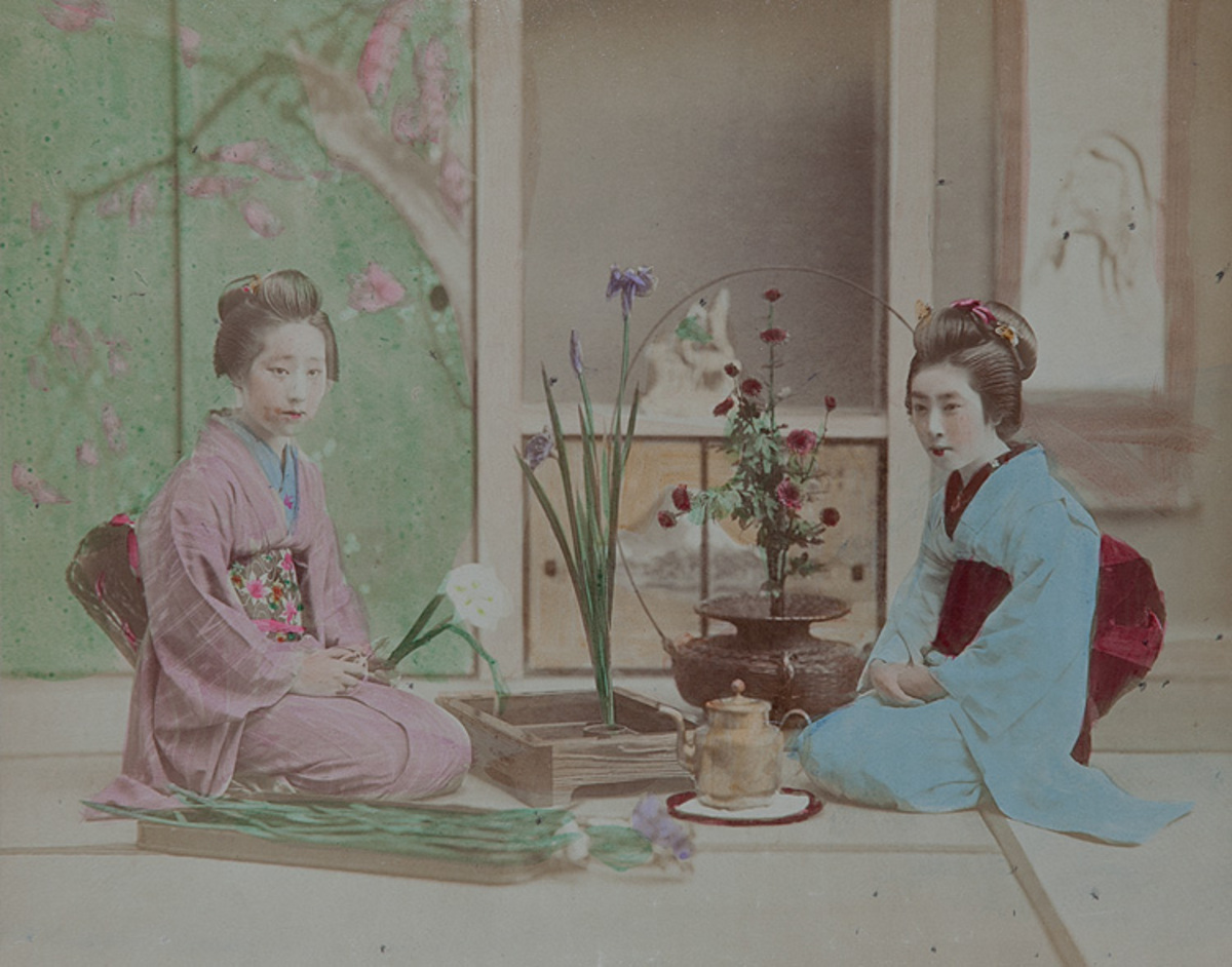 Meiji Era Hand Colored Japanese Albumen Photograph Arranging Flowers