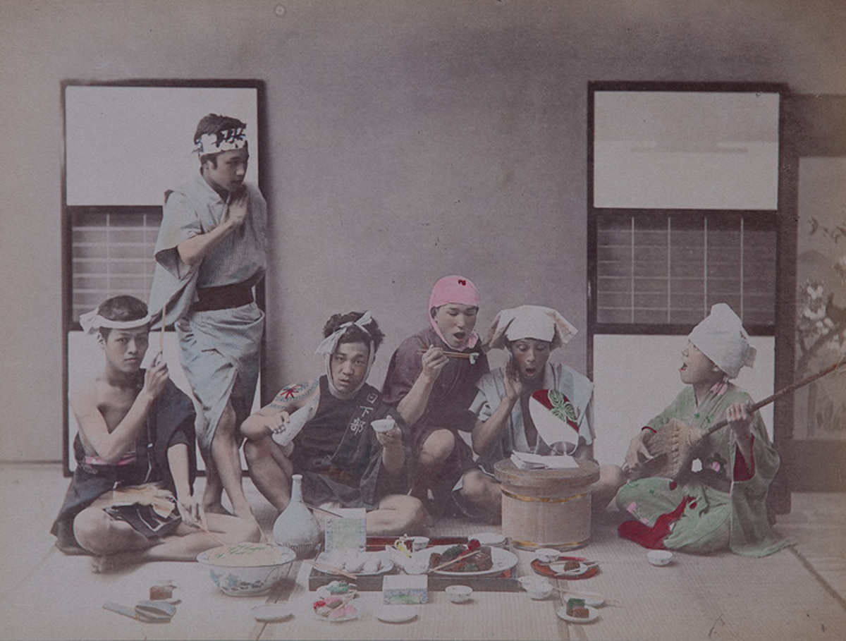 Meiji Era Hand Colored Japanese Albumen Photograph Workmen's Holiday