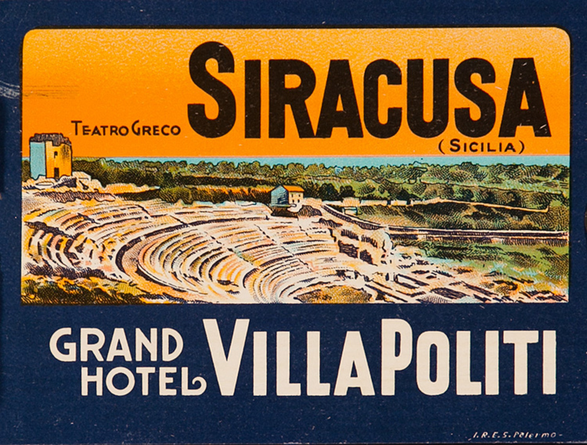 Siracusa Sicily Italy Grand Hotel Villa Politi Original Luggage Label