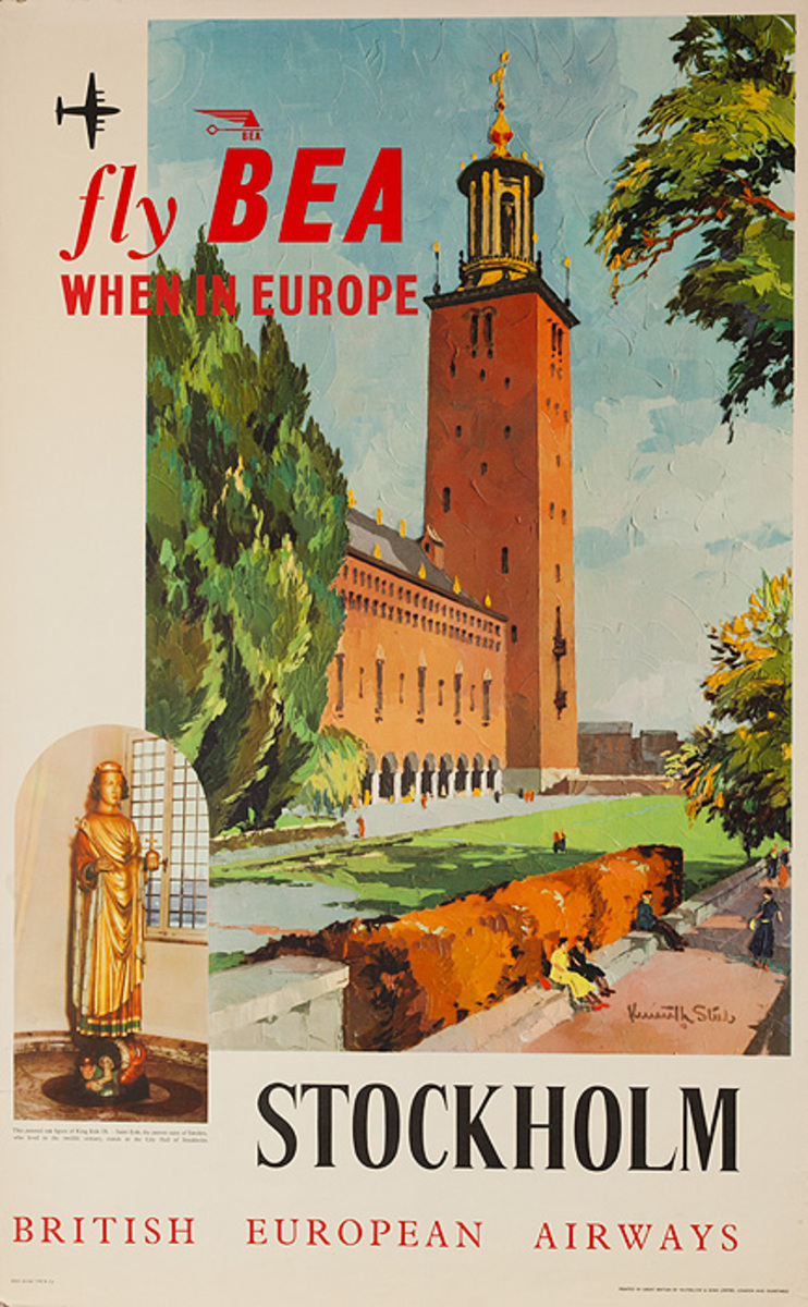 Fly BEA When In Europe Original Airline Travel Poster Stockholm