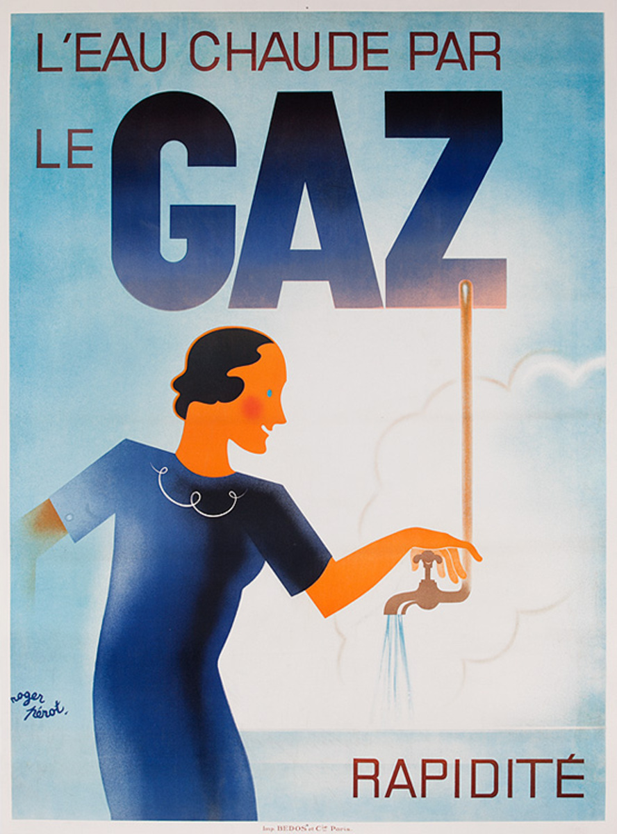 L'Eau Chaude Par Le Gaz Rapidite Fast Hot Water With Gas Heat Original French Advertising Poster