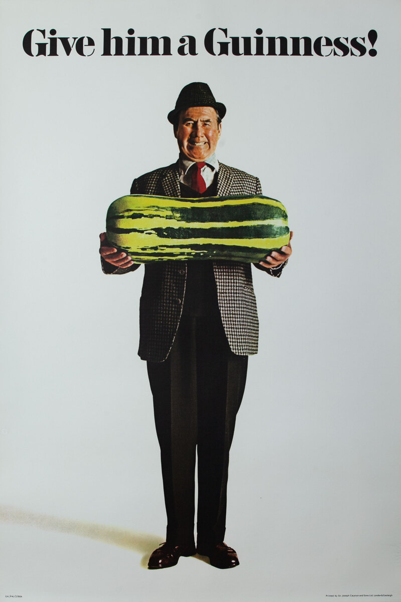 Give Him A Guinness! Original British Beer Adverising Poster Man With a Pickle