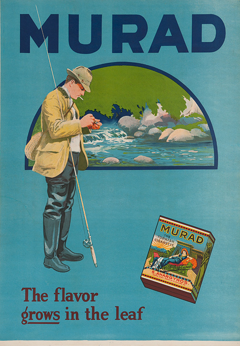Murad Turkish Tobacco Original American Advertising Poster Fly Fisherman