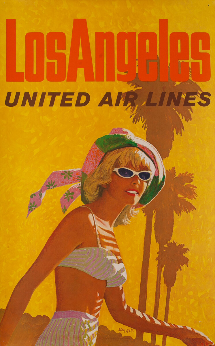 Los Angeles Original United Airlines Travel Poster Bikini Girl