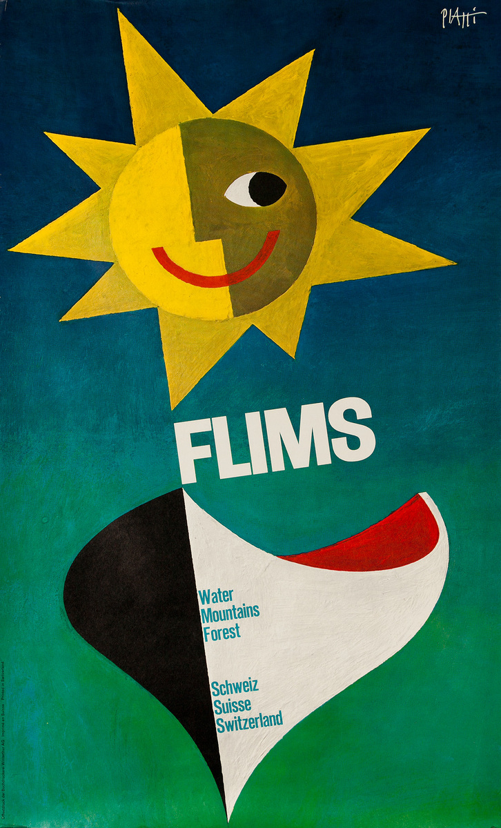 Original Swiss Travel Poster Flims Sun and Boat