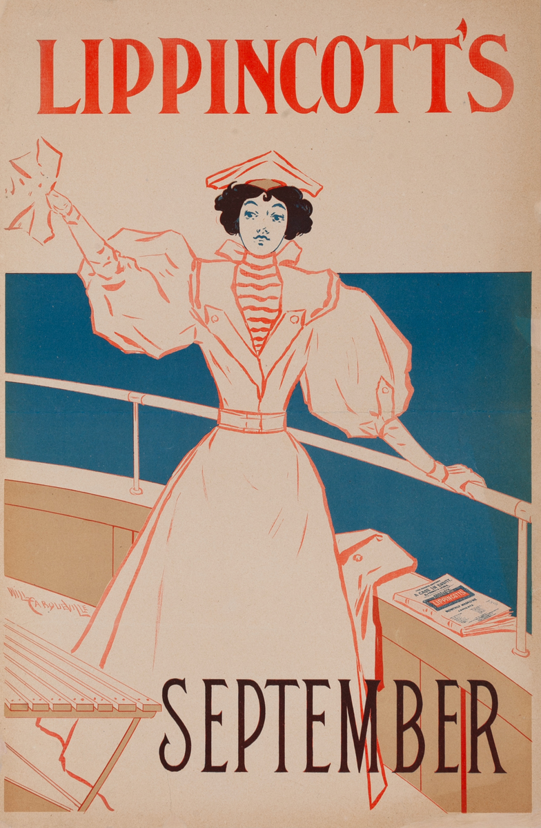 Lippincott's September Original American Literary Poster woman on boat