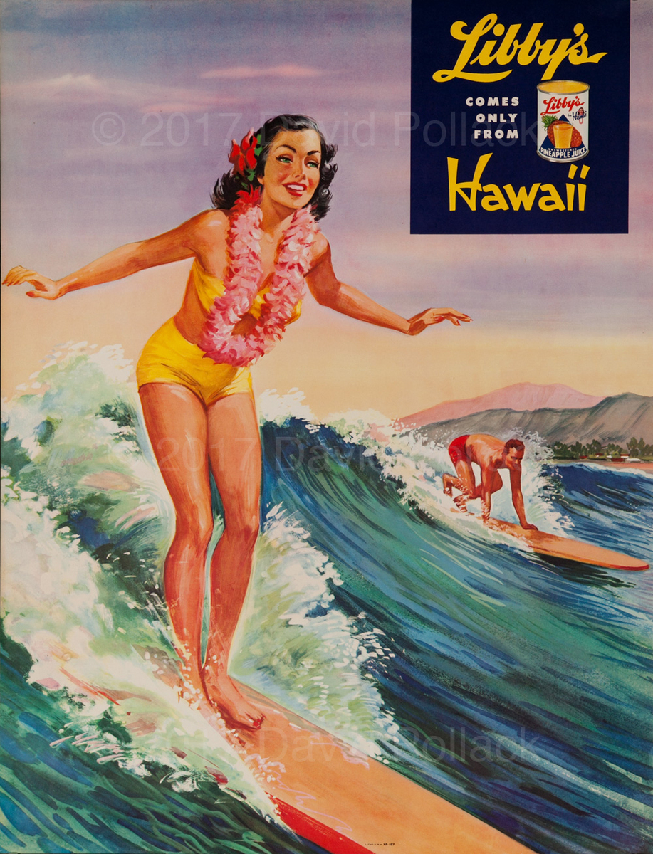 Libby's Hawaii Pineapple Original Advertising Poster Surfer