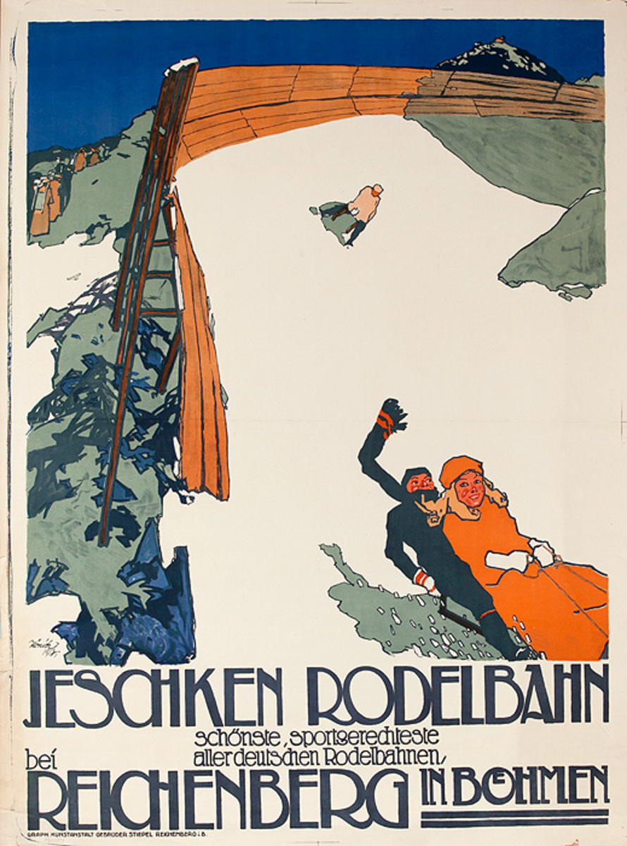 Jeschken Rodelbahn Reichenberg Original Swiss Bobsled Travel Poster
