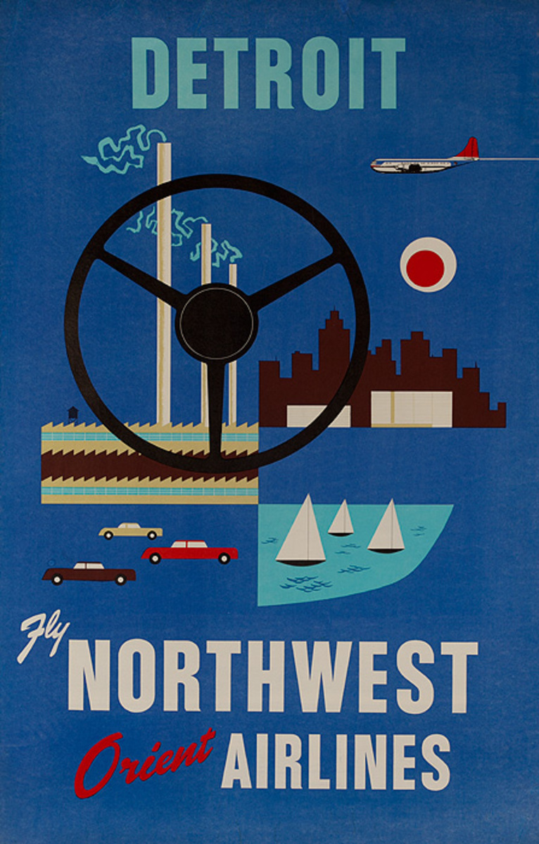 Fly Northwest Orient Airlines Original Travel Poster Detriot