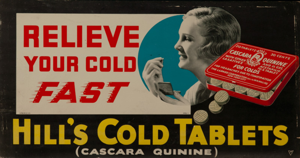 Hill's Cold Tablets Relieve Your Cold Fast, Original Trolley Card Advertising Card