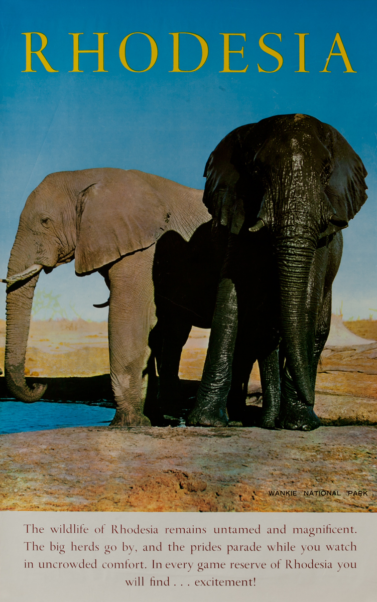 Rhodesia Elephants Original African Travel Poster Wankie National Park